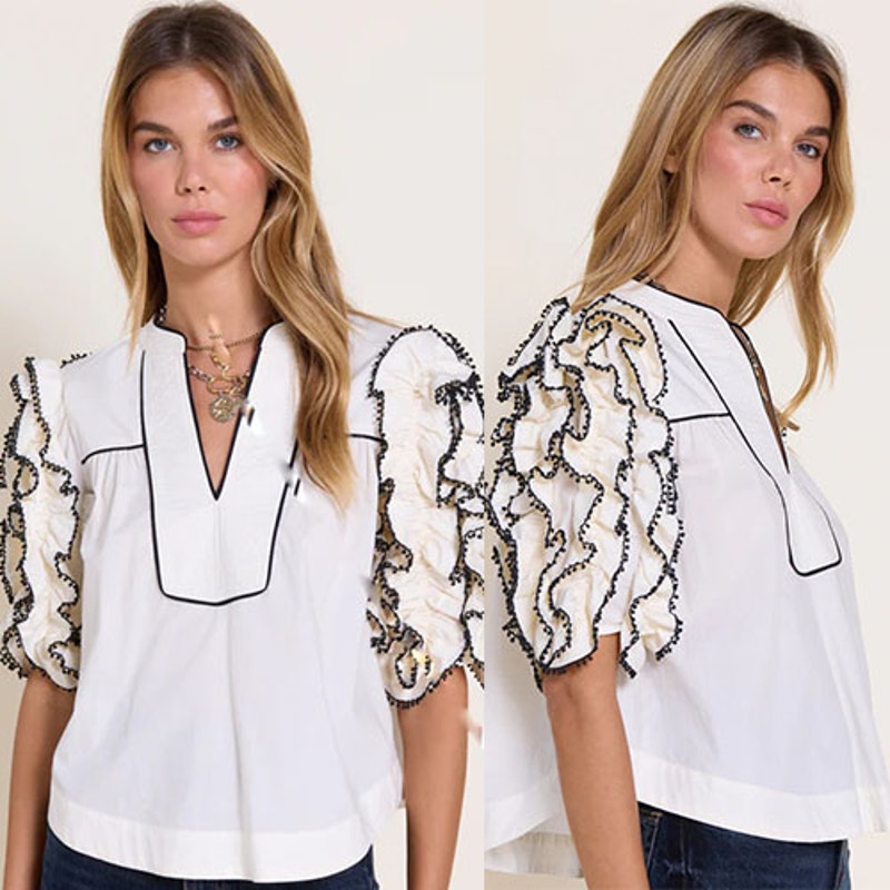 Nwt Scarlett Poppies Ruffled Sleeves V Neckline Rose Top White Size: Medium